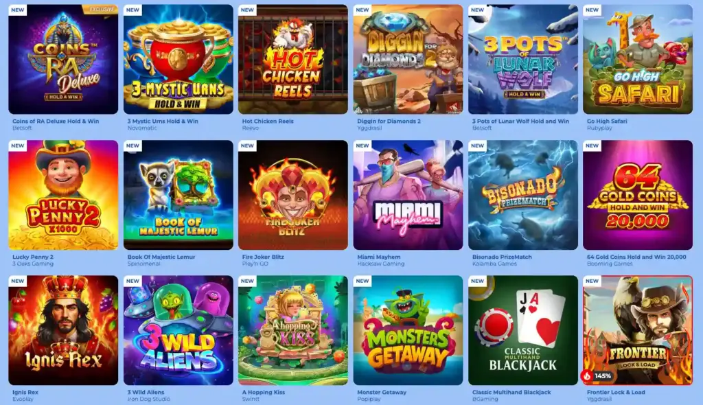 Bildet viser nye spilleautomater med temaer som eventyr og dyr, inkludert titler som "Coins of RA Deluxe," "Hot Chicken Reels" og "Miami Mayhem."