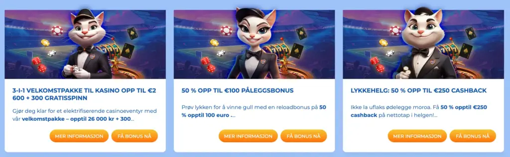 Tre casinobonuser med en leken maskotkatt på en sportsarena, inkludert en velkomstbonus, reload bonus og et cashback-tilbud.