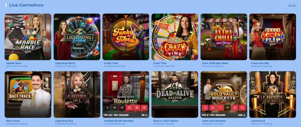 Liste over de beste live game shows fra Evolution Gaming hos FeliceBet Casino.