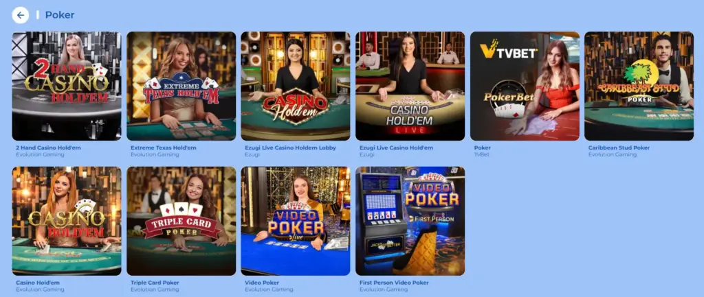 Liste over de beste live poker-spillene hos FeliceBet Casino.