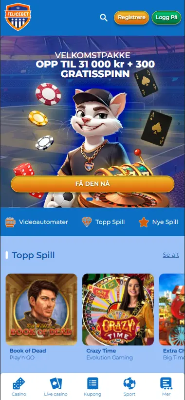 Forsiden til FeliceBet Casino vist på en iPhone 14 Pro Max.