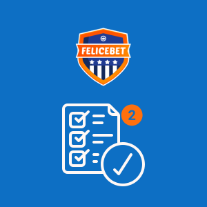 Felicebet-logo med et sjekklistesymbol som indikerer at andre steg i skjemaet er fullført.