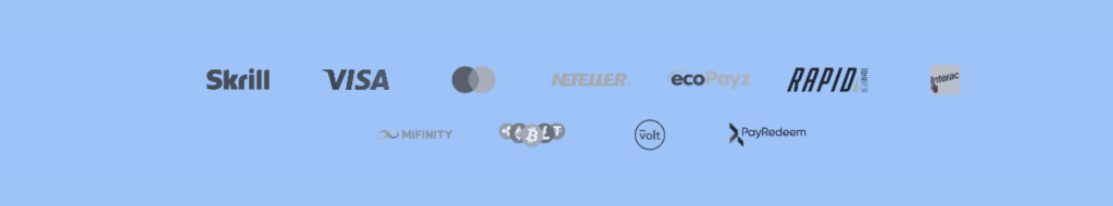 Logoer for betalingsalternativer som Skrill, VISA, Neteller, ecoPayz, Rapid og andre vist på blå bakgrunn.