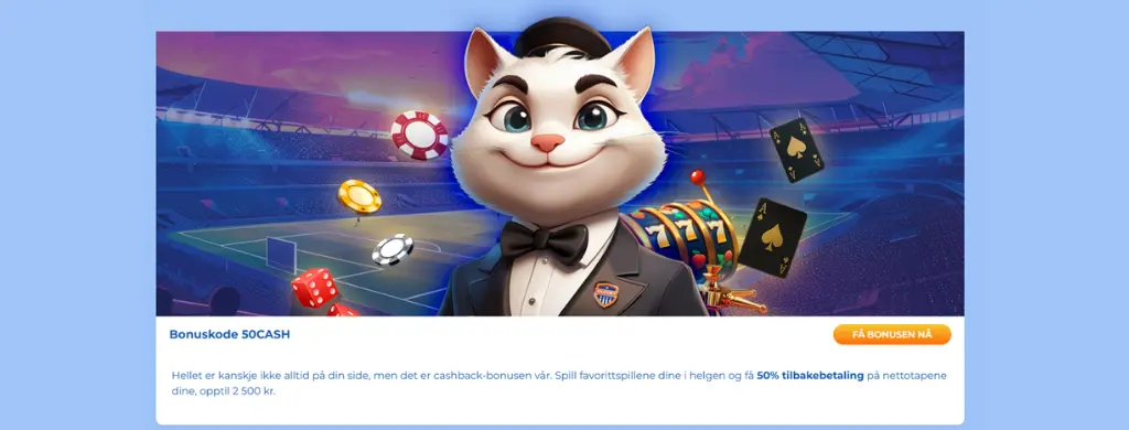 FeliceBet Casino helge-cashback-bonus med hvit kattemaskot i smoking – 50 % refusjon på netto tap opp til € 250.