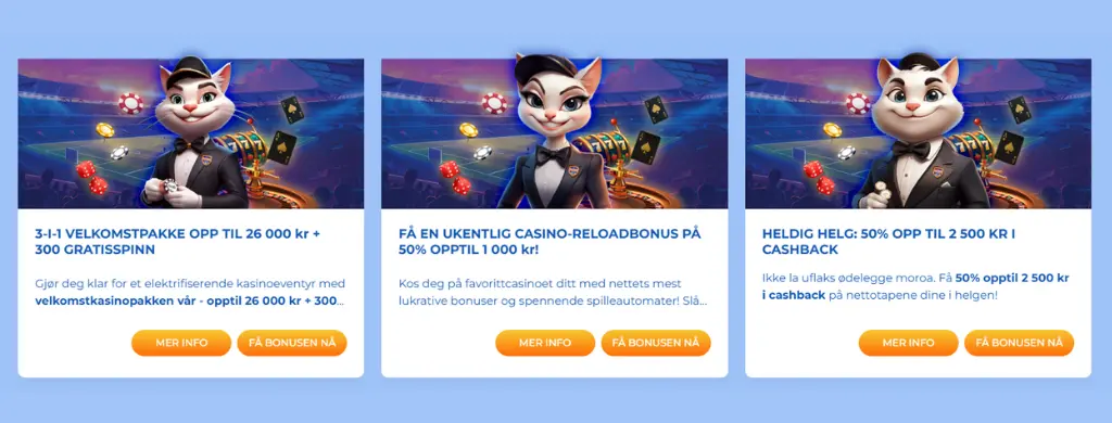 FeliceBet Casinos velkomstbonus tilbyr en 3-i-1-pakke på opptil € 2600 med 300 gratisspinn, reload-bonuser og helge-cashback.