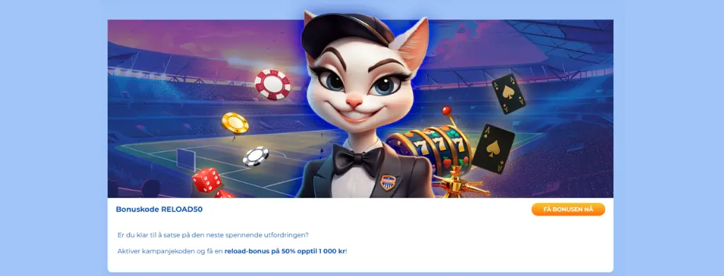 FeliceBet reload-bonuskampanje med kattemaskot – 50 % opptil € 100 i casinobonus ved bruk av koden RELOAD50.
