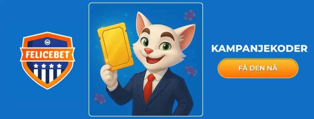 FeliceBet kattmaskot i dress holder gullbillett, med FeliceBet-logo og tekst Kampanjekoder – Få den nå.