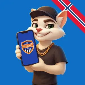 En stilisert kattefigur holder en smarttelefon som viser FeliceBet-logoen.