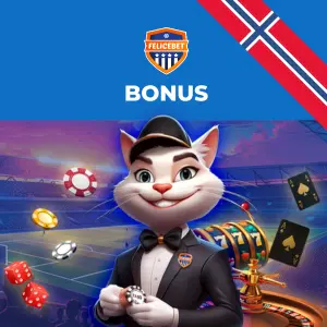 FeliceBet bonustilbud med en kattemaskot i smoking som holder casinospillbrikker, med en sportsrelatert bakgrunn.