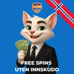 FeliceBet kattmaskot i dress holder penger foran norsk flagg, med teksten Gratisspinn uten innskudd.