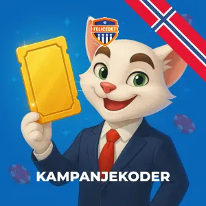 FeliceBet sin kattmaskot i dress holder en gullbillett foran det norske flagget, med teksten Kampanjekoder.