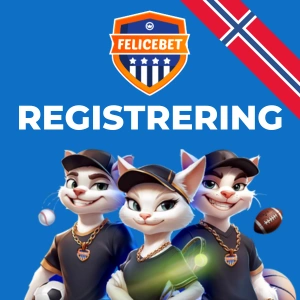 Felicebet logo med en maskot og en knapp for å registrere seg på casinoet.